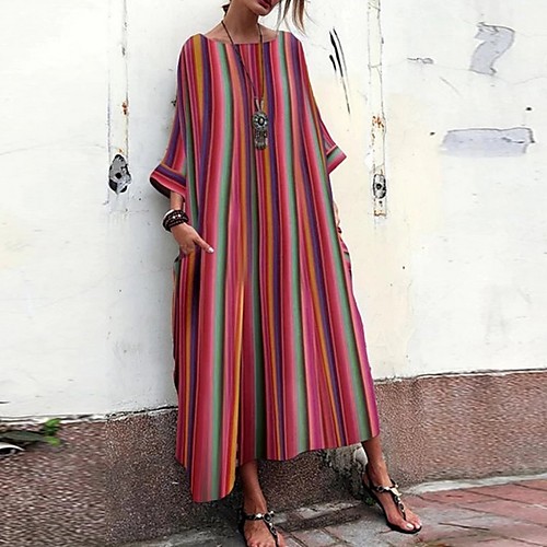 

Women's Plus Size Kaftan Dress Maxi long Dress - 3/4 Length Sleeve Striped Print Summer Casual 2020 Red S M L XL XXL XXXL XXXXL XXXXXL