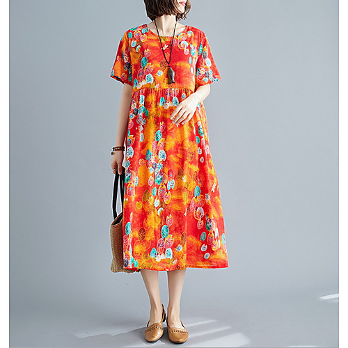 

Women's A Line Dress - Short Sleeves Floral Summer Street chic Loose 2020 Blue Orange One-Size