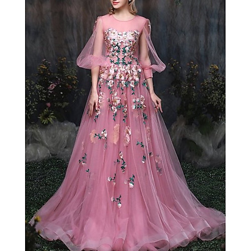 

A-Line Luxurious Pink Engagement Formal Evening Dress Illusion Neck 3/4 Length Sleeve Chapel Train Tulle with Appliques 2020