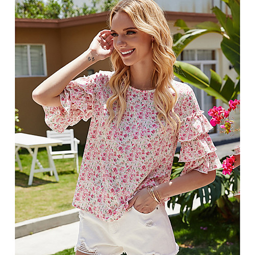 

Women's Blouse Shirt Floral Flower Round Neck Tops Blushing Pink