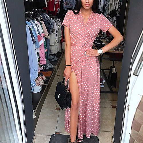 

Women's Maxi A Line Dress - Sleeveless Polka Dot Summer V Neck Sexy 2020 Blushing Pink S M L XL