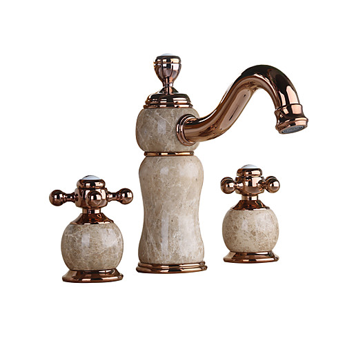 

Bathroom Basin Faucet 3-Hole Low-Arch 2-Handle Widespread Bathroom Faucets with Valve Deck Mount Hot and Cold Water Mixer Lavatory Sink Tap with Marble Stone Rose Gold