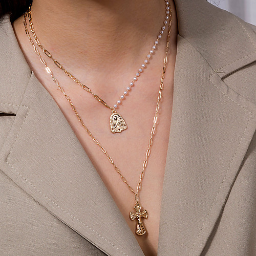 

Women's Pendant Necklace Necklace Layered Necklace Stacking Stackable Cross Classic Vintage Punk Trendy Imitation Pearl Chrome Gold 50 cm Necklace Jewelry 1pc For Masquerade Street Birthday Party