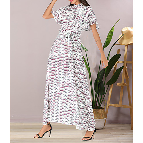

Women's Chiffon Dress Maxi long Dress White Short Sleeve Print Summer Round Neck Elegant Boho Going out Butterfly Sleeve 2021 S M L XL