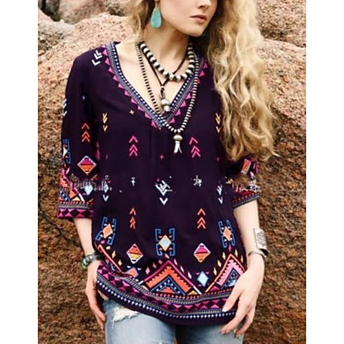 

Women's Plus Size Geometric Print Blouse Daily V Neck Black / Blue / Purple / Red