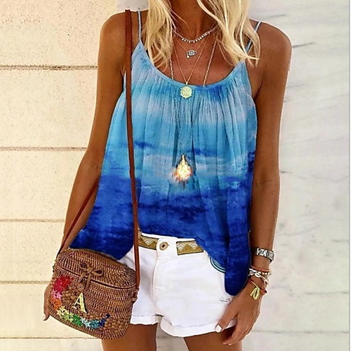 

Women's Blouse Tank Top Tie Dye V Neck Boho Tops Blue Purple Yellow