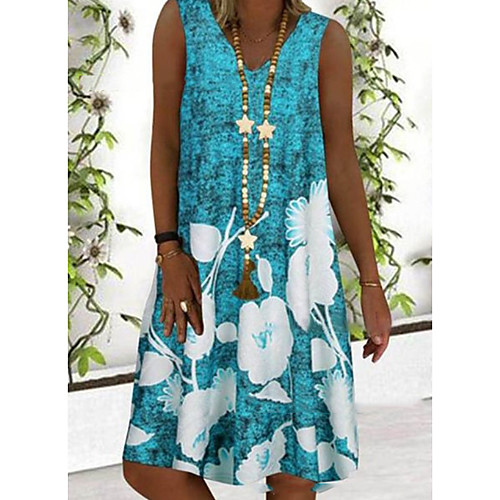 

Women's A Line Dress Short Mini Dress Blue Gray Sleeveless Floral Print Summer V Neck Hot Casual Holiday 2021 S M L XL XXL 3XL 4XL 5XL / Plus Size / Plus Size
