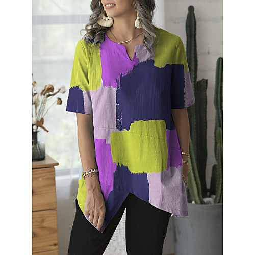 

Women's Color Block Rainbow Print Blouse Daily V Neck Purple