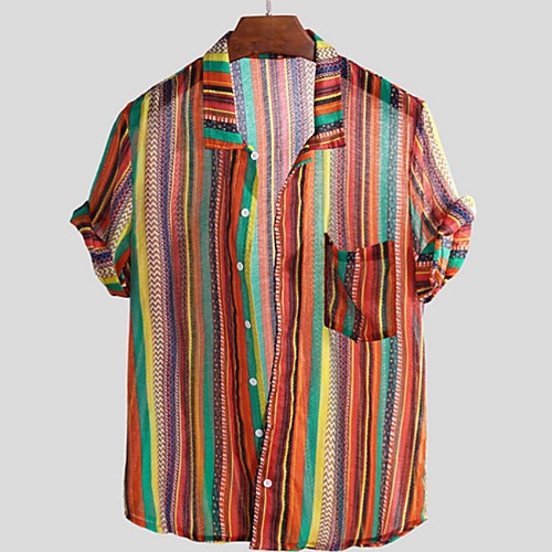 

Men's Striped Shirt - Cotton Tropical Hawaiian Holiday Beach Button Down Collar Red / Green / Brown / Short Sleeve