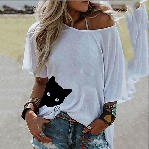 

Women's T shirt Cartoon Tribal Round Neck Tops White Yellow Blushing Pink