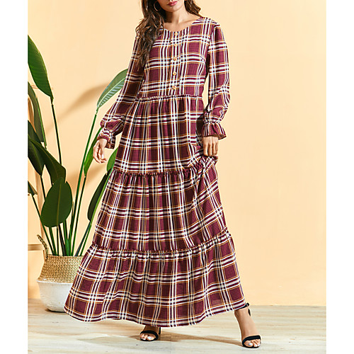 

Women's A Line Dress Maxi long Dress Red Long Sleeve Plaid Patchwork Button Fall Summer Round Neck Elegant Boho Going out Flare Cuff Sleeve 2021 M L XL XXL