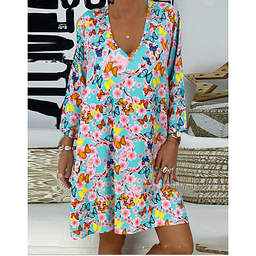 

Women's Shift Dress Midi Dress - Long Sleeve Print Summer Casual Mumu 2020 Blue Fuchsia Green Light Blue S M L XL XXL XXXL XXXXL XXXXXL