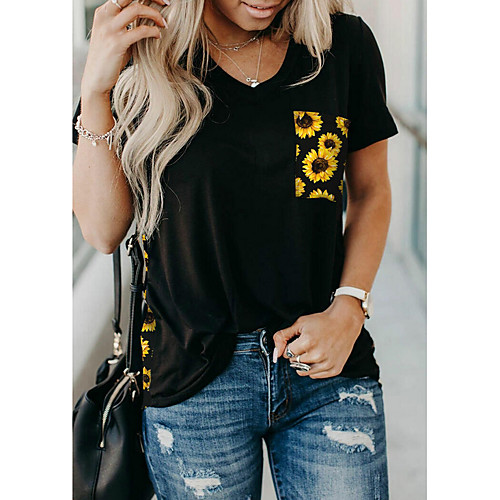 

Women's Floral Leopard Patchwork Print T-shirt Daily V Neck Black / Yellow