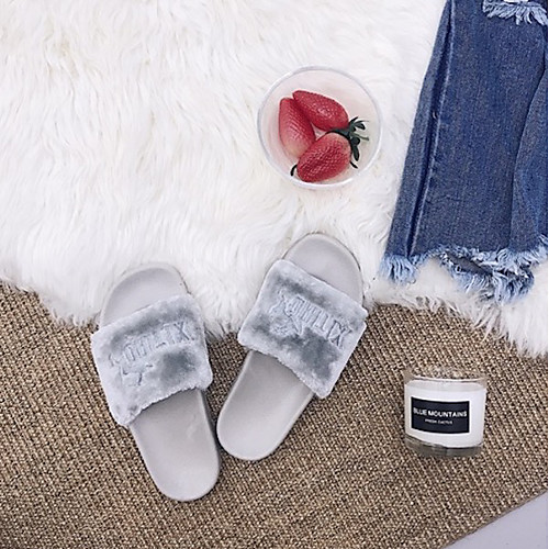 

Women's Slippers & Flip-Flops Fuzzy Slippers Spring / Fall Flat Heel Open Toe Daily Faux Fur Black / Pink / Gray