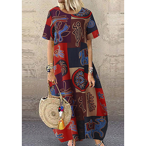 

Women's A Line Dress Maxi long Dress Yellow Red Short Sleeve Print Summer Round Neck Hot Casual Mumu 2021 M L XL XXL 3XL 4XL 5XL / Cotton / Cotton