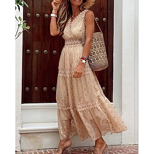 

Women's A Line Dress - Sleeveless Geometric Summer Street chic 2020 Beige S M L XL