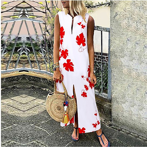 

Women's Green White Black Red Sleeveless Tropical Leaf Floral Split Print Summer V Neck Casual Holiday Going out 2021 S M L XL XXL 3XL 4XL 5XL / Plus Size / Maxi / Plus Size