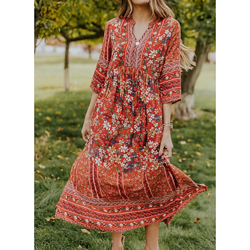 

Women's A-Line Dress Midi Dress - 3/4 Length Sleeve Floral Summer Street chic 2020 Red S M L XL XXL XXXL