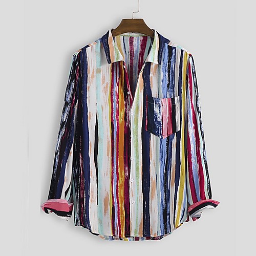 

Men's Striped Shirt - Cotton Tropical Hawaiian Holiday Beach Red / Green / Beige / Long Sleeve