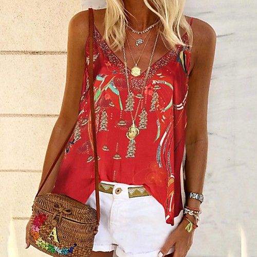 

Women's Camisole Blouse Tank Top Floral Flower Print V Neck Boho Tops Blue Red Yellow