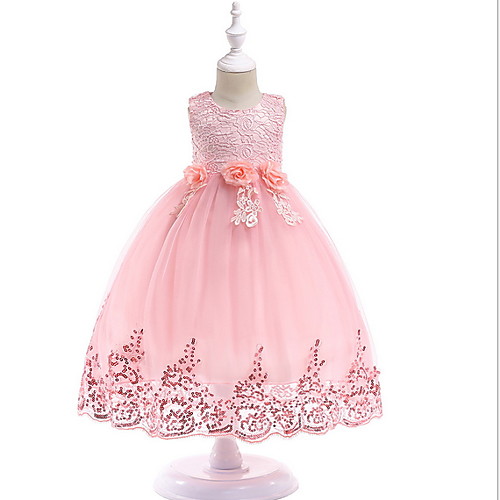 

Princess / Ball Gown Floor Length Wedding / Party Flower Girl Dresses - Lace / Tulle Sleeveless Jewel Neck with Bow(s) / Paillette
