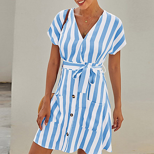 

Women's A Line Dress - Short Sleeves Striped Summer Street chic 2020 Black Blushing Pink Khaki Light Blue S M L XL