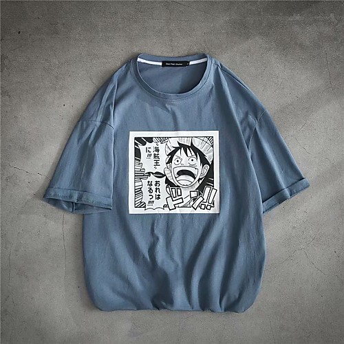 

Men's Cartoon Print T-shirt - Cotton Basic Daily Round Neck White / Black / Blue / Short Sleeve