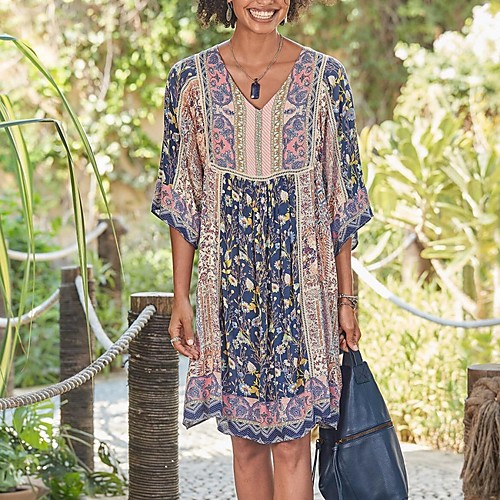 

Women's Shift Dress Knee Length Dress Blue Purple Yellow Blushing Pink Orange Red 3/4 Length Sleeve Floral Summer V Neck Hot Elegant vacation dresses 2021 S M L XL XXL 3XL 4XL 5XL