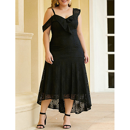 

Sheath / Column Elegant Plus Size Party Wear Wedding Guest Dress Spaghetti Strap Sleeveless Ankle Length Lace with Ruffles Lace Insert 2020