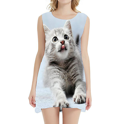 

Women's Cat A Line Dress - Sleeveless Animal Patchwork Summer 3D Print Sexy Daily Holiday Belt Not Included 2020 White Blue Green Silver Rainbow S M L XL XXL XXXL