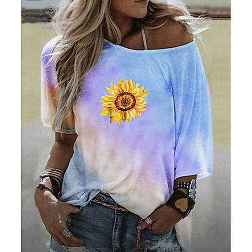

Women's T shirt Graphic Round Neck Tops Blue Purple Yellow