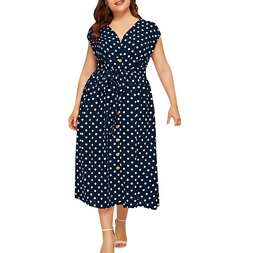 

Women's A Line Dress Midi Dress Fuchsia White Black Navy Blue Short Sleeve Polka Dot Summer V Neck Formal 2021 L XL XXL 3XL 4XL 5XL / Plus Size