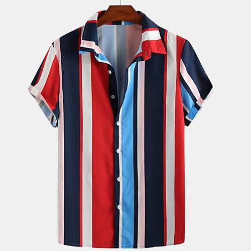 

Men's Striped Shirt - Cotton Tropical Hawaiian Holiday Beach Button Down Collar Red / Brown / Light Blue / Short Sleeve