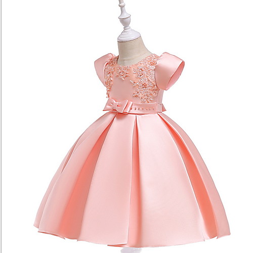 

Ball Gown Knee Length Flower Girl Dresses Party Lace Short Sleeve Jewel Neck with Bow(s)
