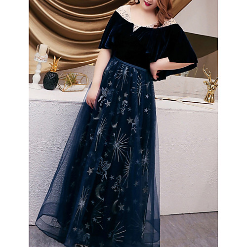 

A-Line Plus Size Blue Wedding Guest Prom Dress Illusion Neck Half Sleeve Floor Length Tulle with Embroidery 2020
