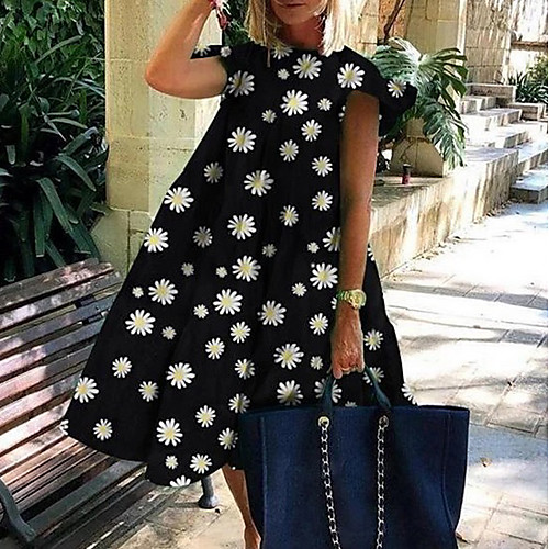 

Women's A-Line Dress Knee Length Dress - Short Sleeves Floral Summer Casual 2020 Black Blushing Pink Fuchsia Green Gray S M L XL XXL XXXL