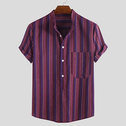 

Men's Striped Shirt - Cotton Tropical Hawaiian Holiday Beach Button Down Collar Standing Collar Red / Brown / Short Sleeve