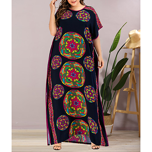 

Women's Shift Dress Maxi long Dress Rainbow Short Sleeve Geometric Split Summer Round Neck Elegant Casual Going out Loose 2021 One-Size / Plus Size