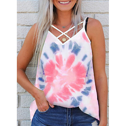 

Women's Tie Dye Rainbow Tank Top Daily V Neck White / Blue / Yellow / Blushing Pink
