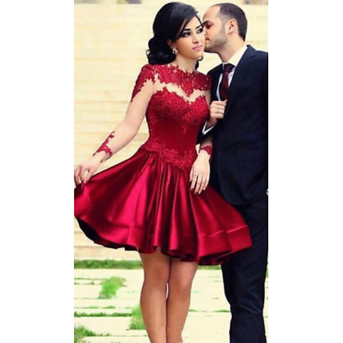 

A-Line Hot Cocktail Party Prom Valentine's Day Dress Jewel Neck Long Sleeve Short / Mini Lace Stretch Satin with Pleats Appliques 2021