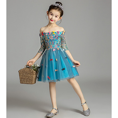 

Ball Gown Knee Length Wedding / Party Flower Girl Dresses - Lace / Tulle 3/4 Length Sleeve Jewel Neck with Embroidery / Appliques