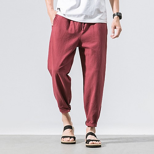 

Men's Sporty Chinoiserie Loose Chinos Pants - Solid Colored Drawstring Comfort Cotton Wine Black Green US32 / UK32 / EU40 / US34 / UK34 / EU42