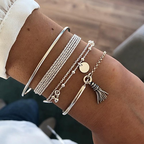 

4pcs Women's Bracelet Layered Vintage Theme Simple Tassel European Fashion Alloy Bracelet Jewelry Silver For Gift Prom Date Beach Festival