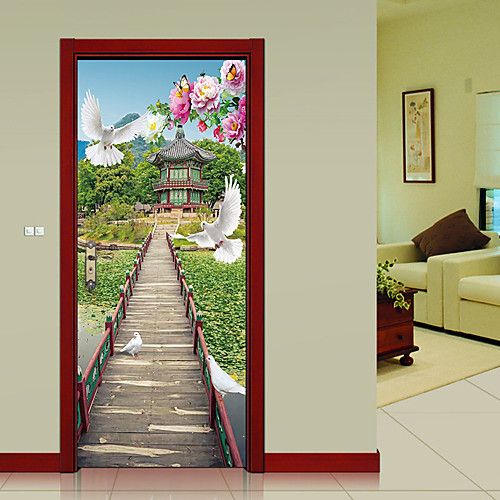 

3D Taiping Pigeon Wooden Bridge Landscape Waterfalls Door Wall Sticker Living Room Kitchen PVC Self-Adhesive Waterproof Sticker On The Doors Wallpaper 1 set 2pcs