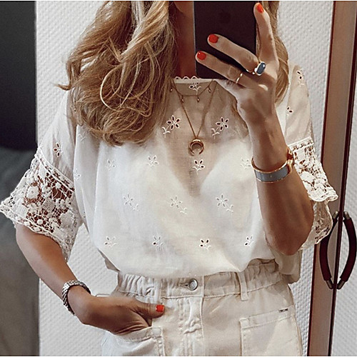 

Women's Solid Colored Lace Trims T-shirt Daily White