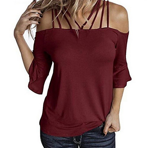 

Women's Solid Colored T-shirt Daily Off Shoulder Wine / White / Black / Blushing Pink / Army Green / Gray