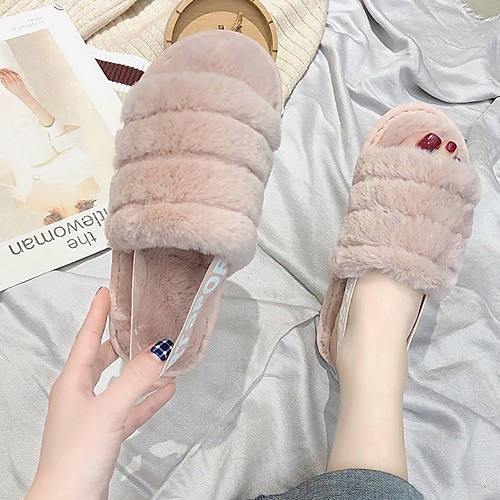 

Women's Slippers & Flip-Flops Fall / Winter Flat Heel Open Toe Daily Faux Fur Black / Pink / Gray