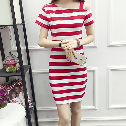 

Women's A Line Dress - Short Sleeves Striped Summer Fall Off Shoulder Casual Holiday Going out Slim 2020 White Black Red S M L XL XXL
