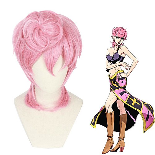

JoJo's Bizarre Adventure Trish Una Cosplay Wigs Men's Layered Haircut 12 inch Heat Resistant Fiber Curly Pink Teen Adults' Anime Wig
