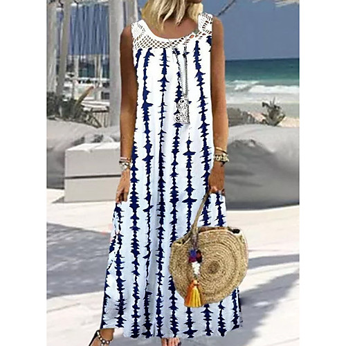 

Women's A-Line Dress Maxi long Dress - Sleeveless Print Summer Casual Vintage 2020 White Blue S M L XL XXL XXXL